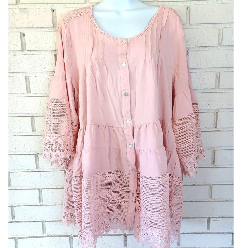 Blush Pink Button Up Crochet Detailing Tunic Blouse